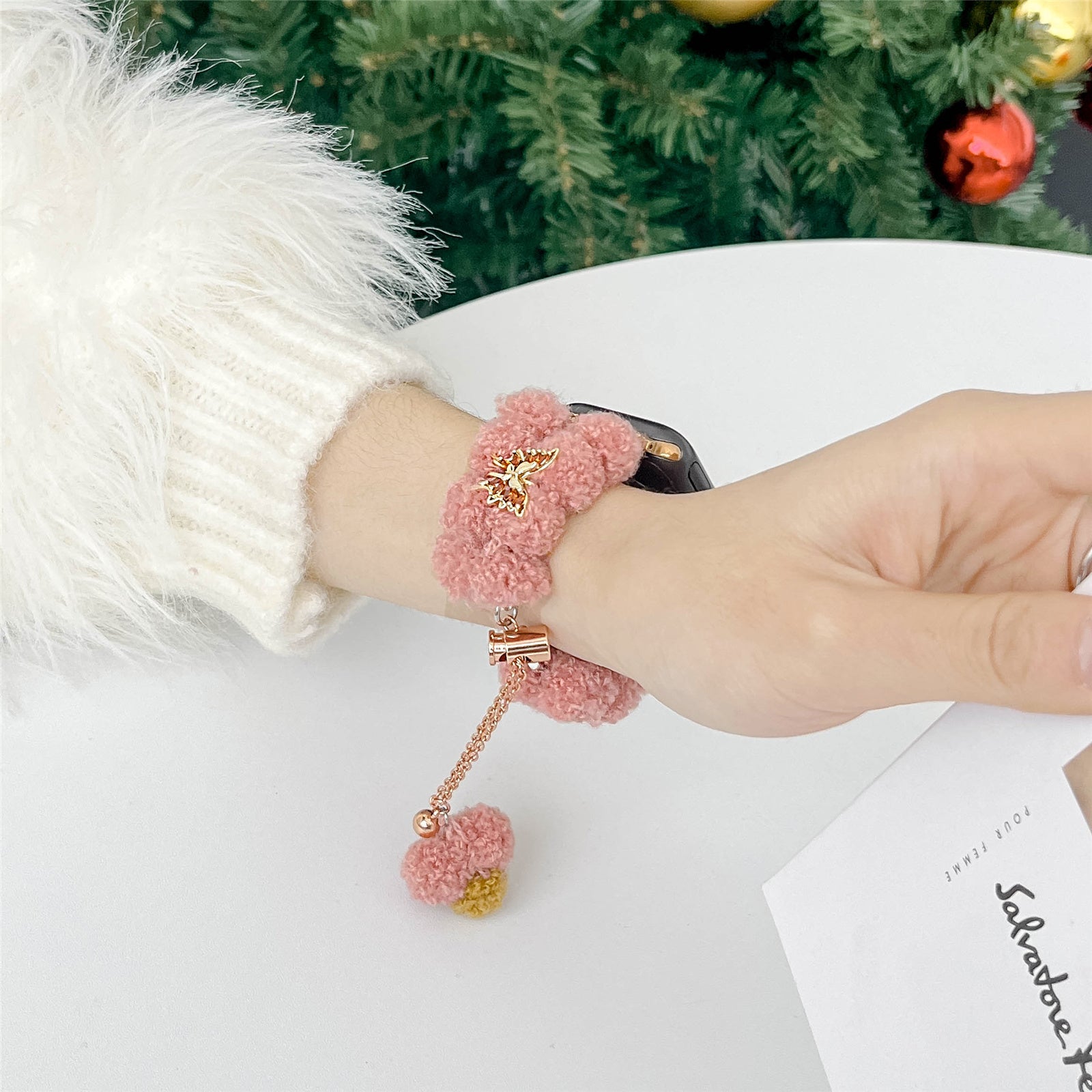 For Apple Watch Series 9 8 7 41mm / 6 5 4 SE (2023) SE (2022) SE 40mm / 3 2 1 38mm Velvet Cotton Watch Band - Pink For Apple Watch Series 9 8 7 41mm / 6 5 4 SE (2023) SE (2022) SE 40mm / 3 2 1 38mm Velvet Cotton Watch Band - Pink
